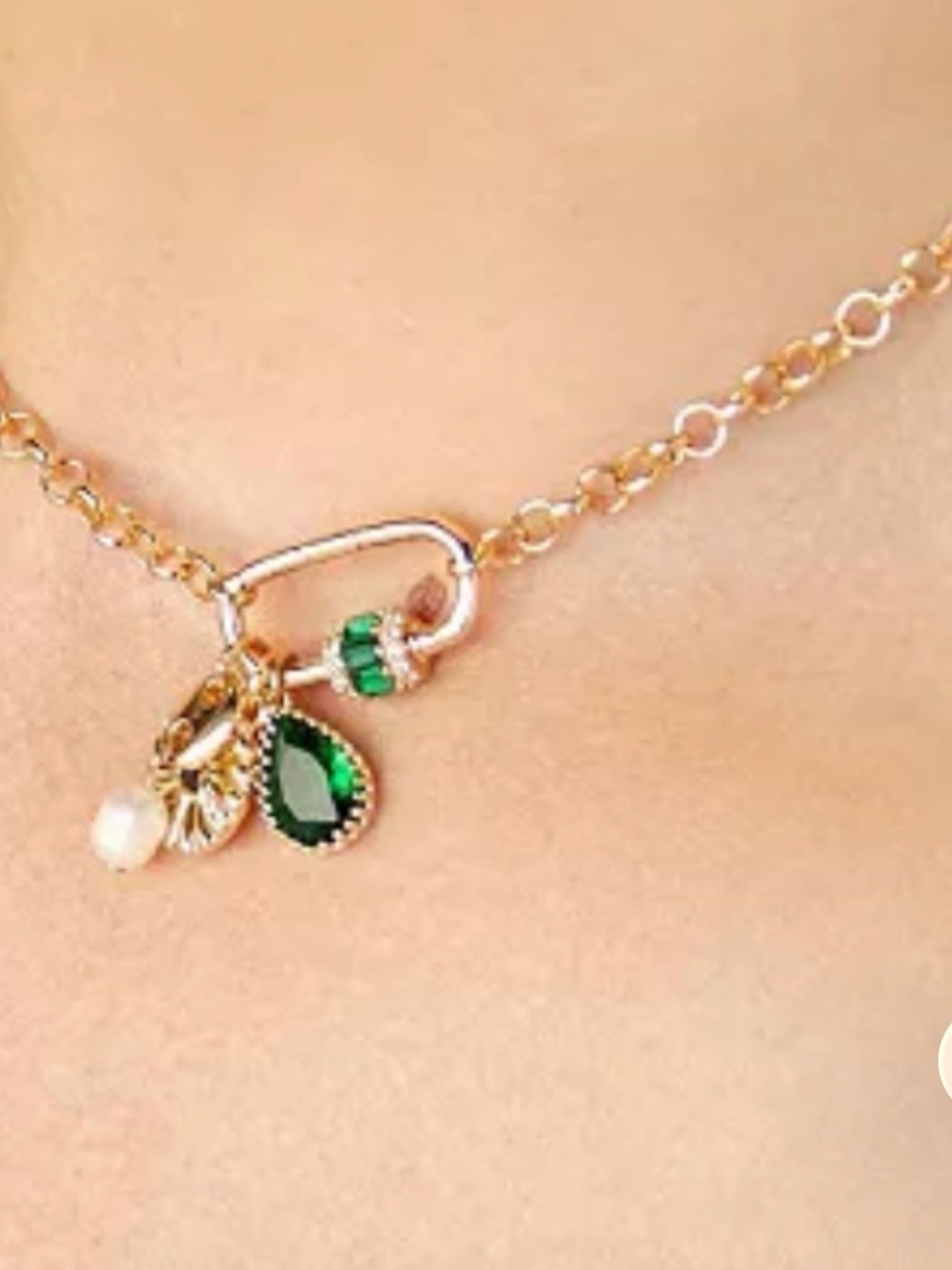 Ettika 14k Gold Plated Chain Charm Necklace w/Green Crystal Freshwater Pearl NWT